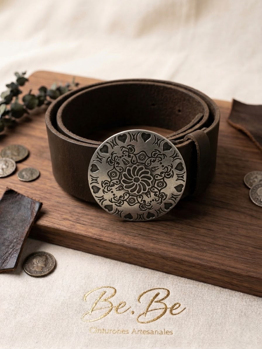 Cinto Mandala Plata - cuero chocolate hebilla mandala plata envejecida