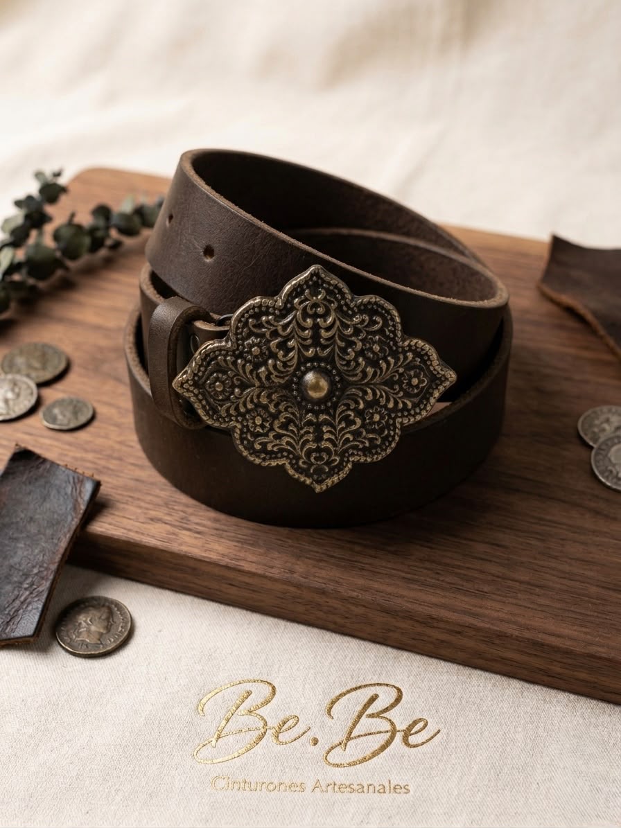 Cinto Rombo Bronce - cuero chocolate hebilla rombo barroca bronce envejecido